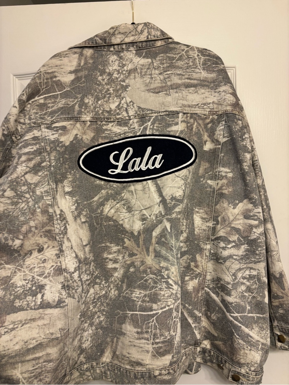 Dressed in LALA Gray & Cream Camouflage Jean Jacket with Lala Patch